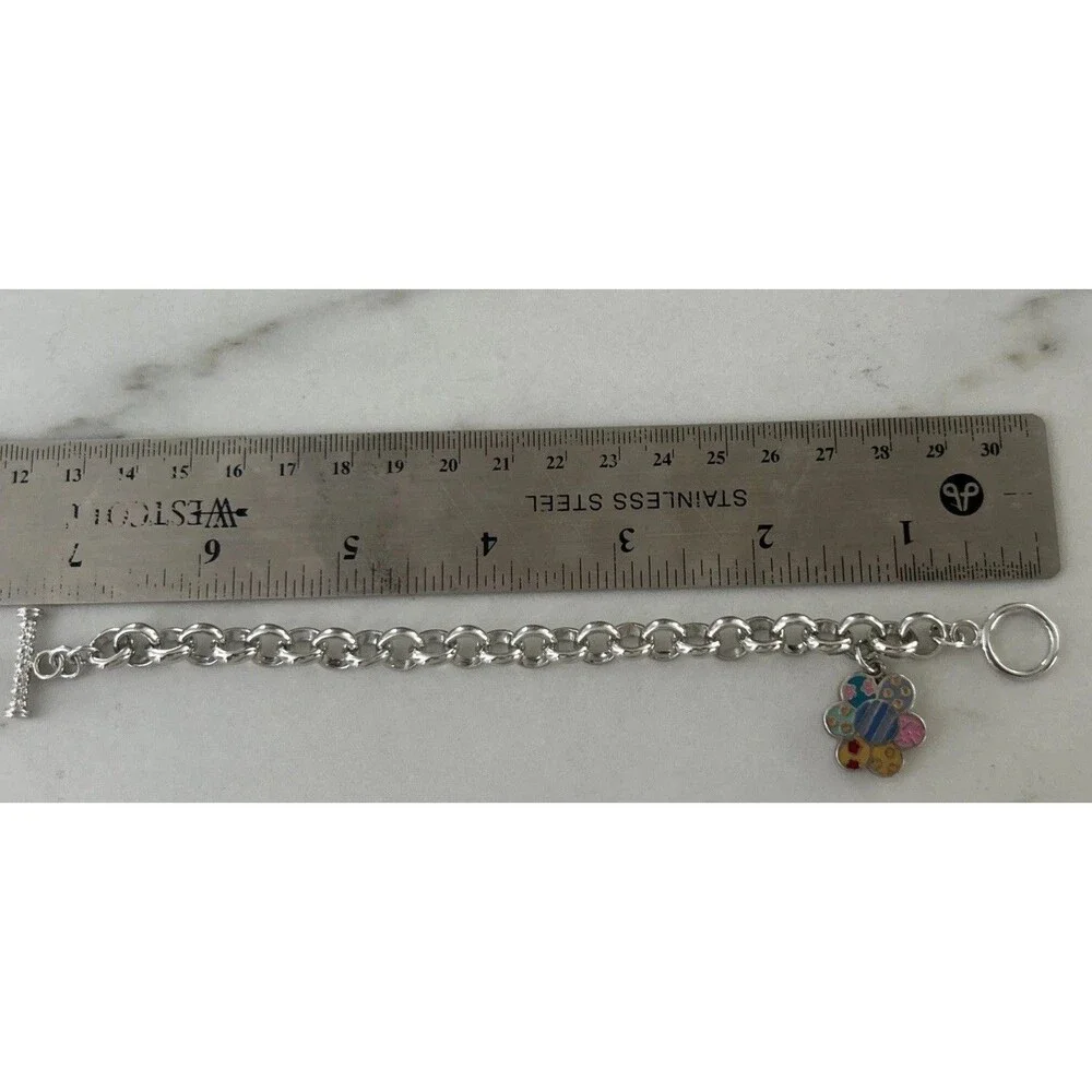 Romero Britto Sterling Silver Enamel Flower Charm On 925 Link Bracelet Art Basel